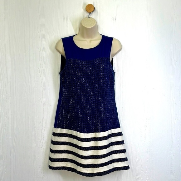 Boston Proper - Navy And Gold Tweed Striped Lined Sleeveless Midi Dress Size 4 - Picture 1 of 10